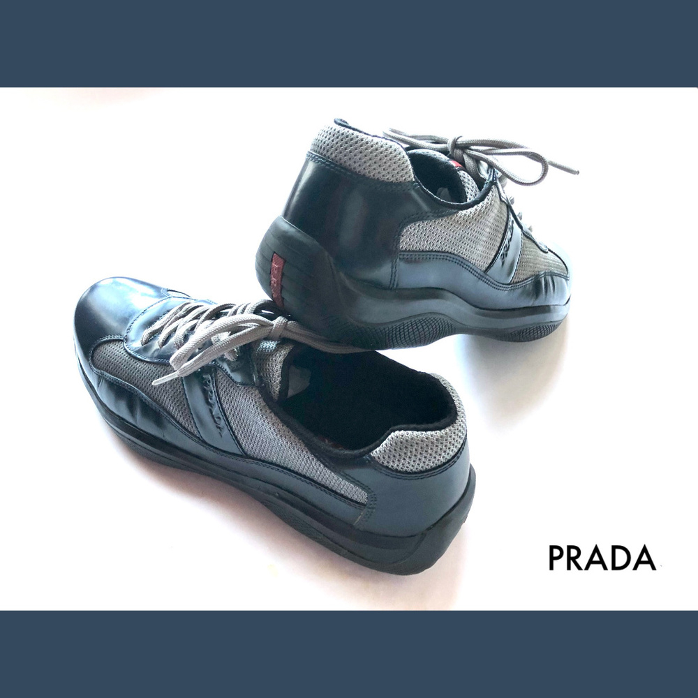 SOLD! Prada Leather Navy Blue Black Sneakers 9.5 - Picture 2 of 8